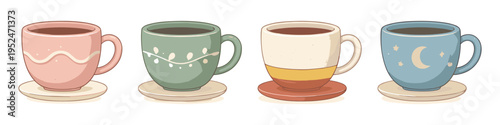 Collection of four charming ceramic mugs with unique designs on saucers