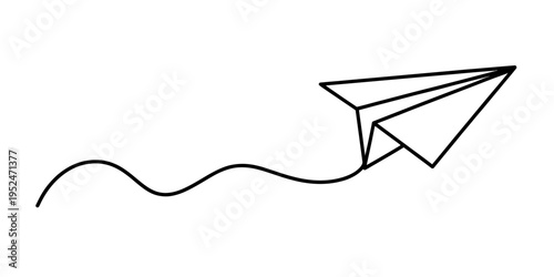 Simple black and white line drawing of a paper airplane flying with a wavy trail behind it