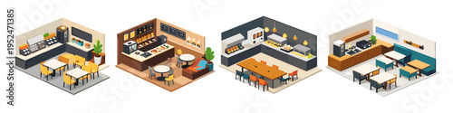 Isometric view of four different cafe and restaurant interior designs with seating and counters