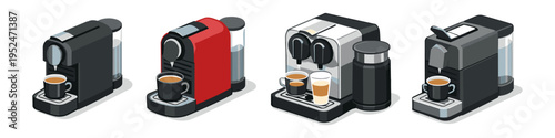 Collection of modern isometric coffee machines brewing espresso and latte drinks
