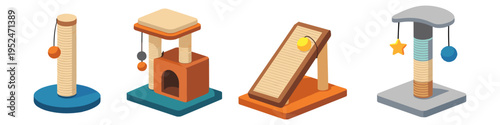 Collection of isometric cat scratching posts and trees with toys for feline entertainment