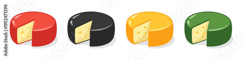Collection of four colorful cartoon cheese wheels with a slice removed