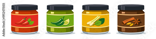 Four jars of assorted gourmet pastes and sauces with illustrated ingredients on labels