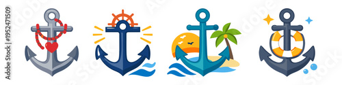 Collection of nautical anchors with maritime and tropical elements