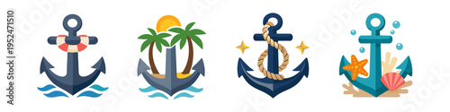 Collection of nautical anchors with beach and ocean elements for maritime themes