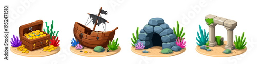 Underwater scene with treasure chest, shipwreck, cave, and ancient ruins