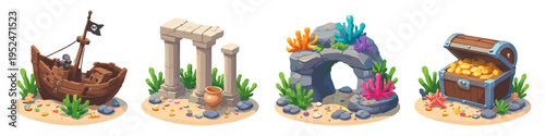 Underwater scene with pirate ship, ancient ruins, coral cave, and treasure chest