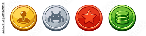 Collection of colorful game coins with different icons for virtual currency and rewards