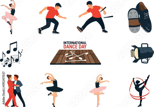 Collection of dance-related icons showcasing ballet dancers, hip-hop dancers, musical notes, and dancing shoes, celebrating International Dance Day
