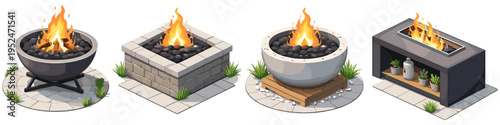 Collection of four modern outdoor fire pits with burning flames and decorative elements