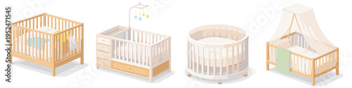 Collection of four different baby cribs and cradles in isometric view