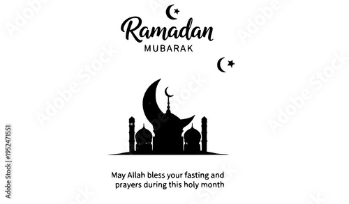 Ramadan Fasting Vector Illustration with Crescent Moon, Mosque Silhouette, and Blessing Message for Social Media Posts