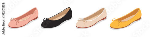 Collection of four colorful ballet flats with bows, isolated on white background