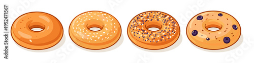 Four different types of bagels displayed in a row, each with unique toppings