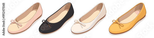 Collection of four ballet flats in different colors: pink, black, white, and yellow