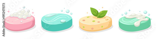 Collection of four colorful cartoon bars of soap with bubbles and sparkles