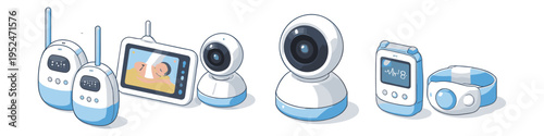 Collection of modern baby monitoring devices including cameras and wearable sensors