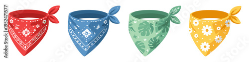 Collection of four colorful bandanas with different patterns and designs