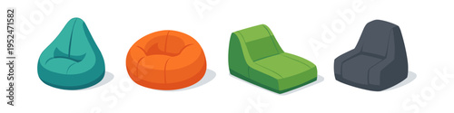 Collection of four modern bean bag chairs in different shapes and colors