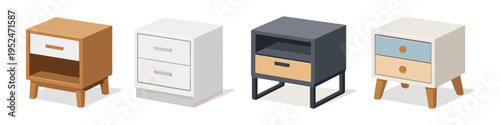 Collection of four modern bedside tables with drawers and open shelves in isometric view