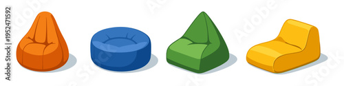 Collection of four colorful bean bag chairs in different shapes and styles