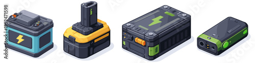 Collection of modern rechargeable batteries and power banks in isometric view