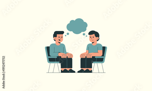 Two men are seated facing each other seemingly in conversation with a thought bubble above one