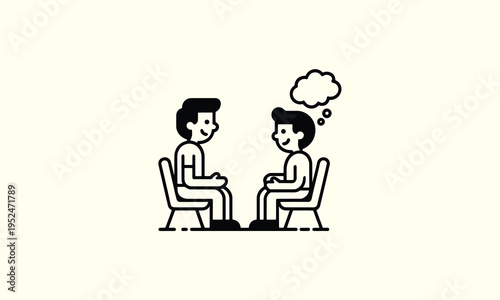 Two individuals are seated facing each other with one person exhibiting a thought bubble