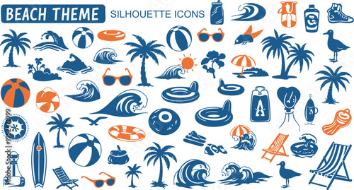 A vibrant beach theme graphic illustration featuring various summer icons and symbols in blue and orange hues on a white background