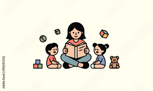 A woman reads a book to two young children surrounded by colorful toys in a simple illustration