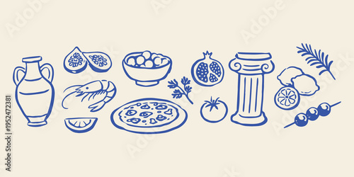 Mediterranean food elements set outline sketch vector illustration