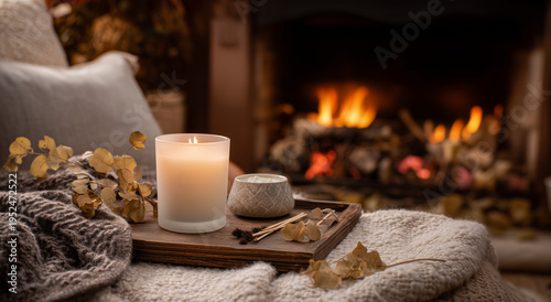 Cozy still life with lit candle, eucalyptus and knit blanket by fireplace; warm hygge aesthetic, ideal for home decor ads, spa branding, relaxation themes and lifestyle content