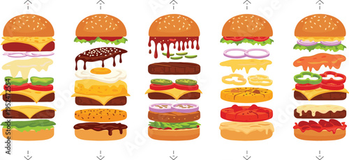 Burger Ingredients Assembly Set with Layered Hamburger Components Including Bun, Meat, Cheese, Vegetables and Sauces for Fast Food Design and Cooking Illustration