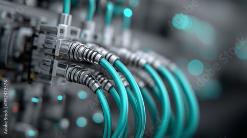 Close-up shows teal network cables with metallic connectors plugged into server switch organized in parallel configuration. Represents data center infrastructure and physical network connectivity.