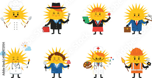 Cute Sun Character Professions Set with Chef, Businessman, Artist, Doctor and Worker Cartoon Illustration for Kids Design, Career Concept and Creative Mascot Collection