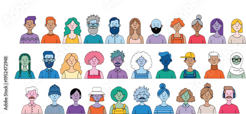 Abstract avatars set. Colored faces characters. Diverse people, head portraits. Happy smiling men and women, drawn user profiles in modern style. Flat vector illustration