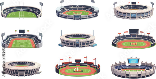 Sports Stadium Icon Set with Football, Soccer and Athletics Arenas in Isometric Style for Game Design, Outdoor Events, Architecture and Sports Facility Illustration