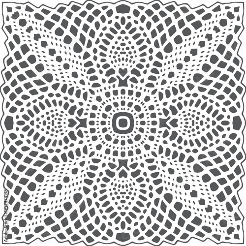 Intricate black and white crochet lace doily pattern with symmetrical floral design