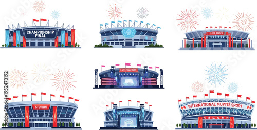 Sports Stadium Event Set with Championship Finals, Live Concerts and International Multi Sport Arenas Illustration with Fireworks for Entertainment and Celebration Design