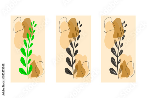 Set of three minimalist botanical illustrations with abstract shapes.