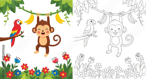 Cute cartoon monkey hanging on vine with bananas and parrot in tropical jungle including coloring page version on white background,
