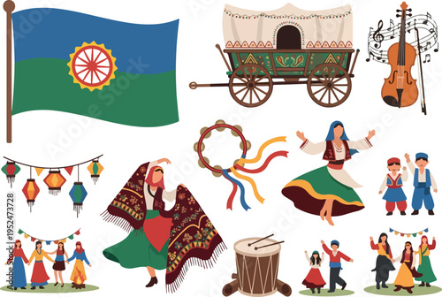Traditional Romani culture with vibrant clothing, music, and dance depicted in a charming illustration, celebrating heritage and community
