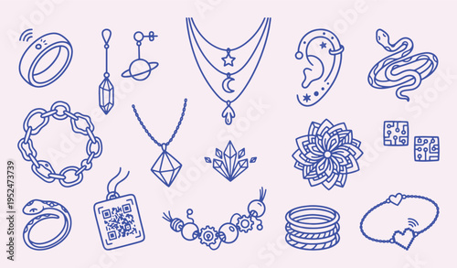 Jewelry doodle collection with clean outline style. Ring, necklace, bracelet, crystal, snake, mandala. Elegant fashion elements for branding, packaging and accessories design.