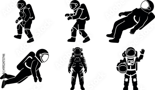 Collection of astronauts in various poses and space activities isolated illustration