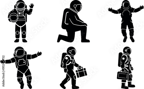 Collection of astronauts in different poses and activities isolated illustration