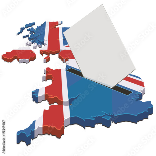 3D map of the United Kingdom with a ballot paper being inserted into a voting slot, representing British elections, democracy, and political decision making. (cut out)