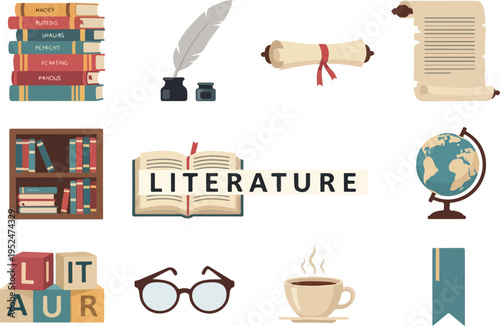 A vibrant collection of literary and educational icons, featuring books, a quill pen, eyeglasses, and a globe, perfect for representing knowledge and learning