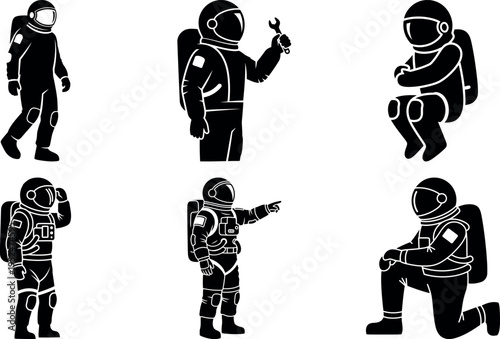 Collection of astronauts in various poses and activities isolated illustration set