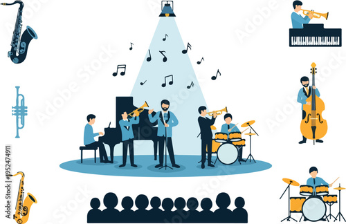 Jazz band playing music on a stage with a piano, saxophone, trumpet, drums and audience
