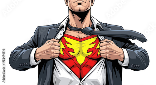 Businessman revealing superhero costume under suit, inner strength, power, courage